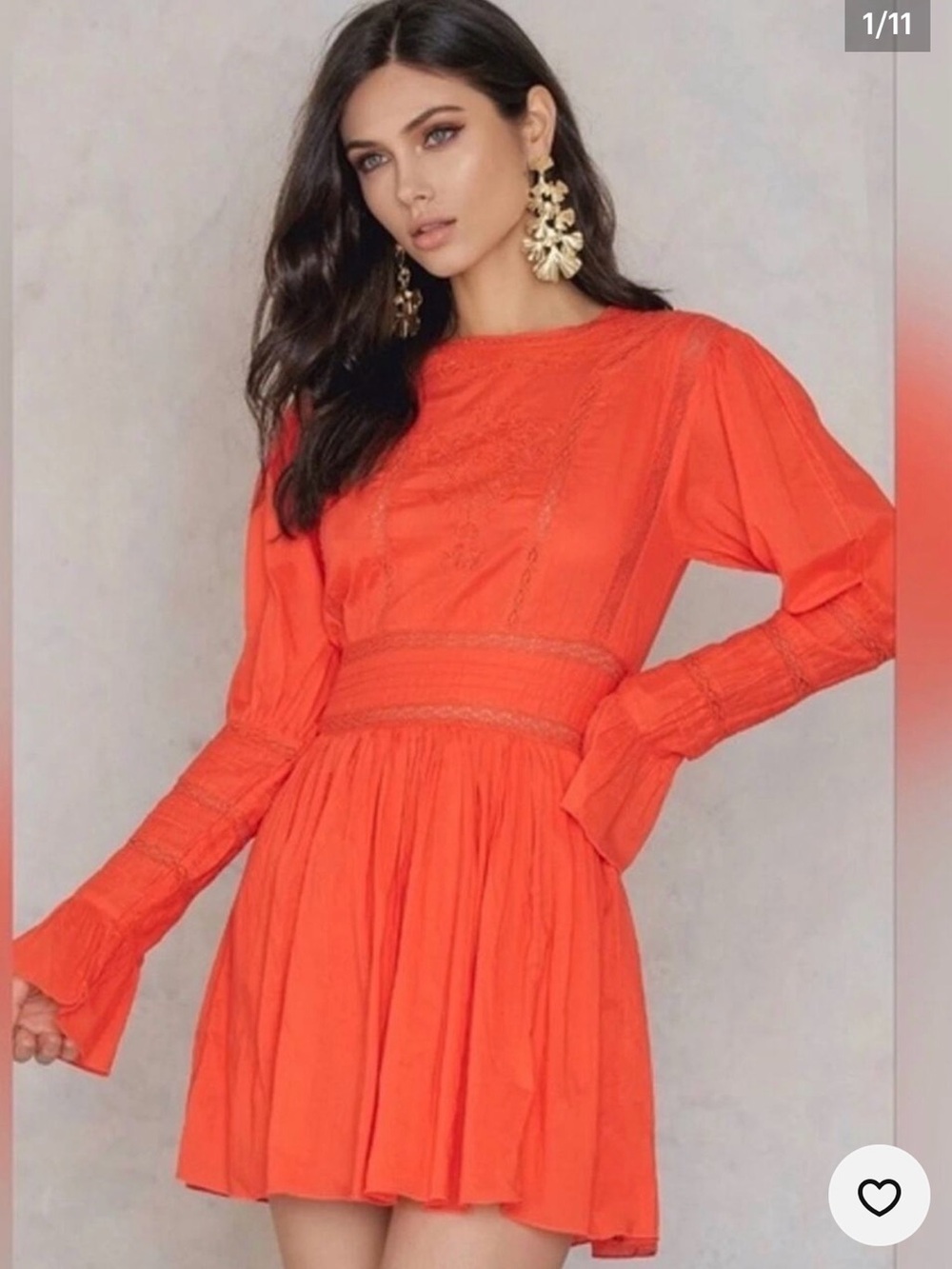 Free People Fiery Orange VTG Victorian Romantic Long-Sleeve Mini Dress Medium